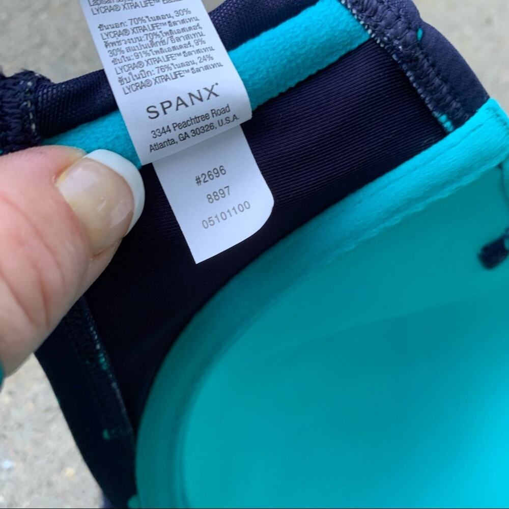 SPANX Polka Dot Bikini Top & Skirted Bottoms teal navy size 10 - Picture 8 of 10